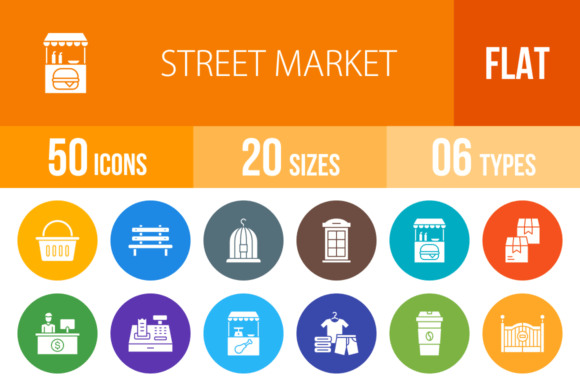 50 Street Market Flat Round Icons